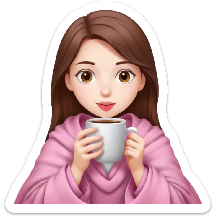 white brown hair pretty girl in a pink blanket sipping coffee sticker