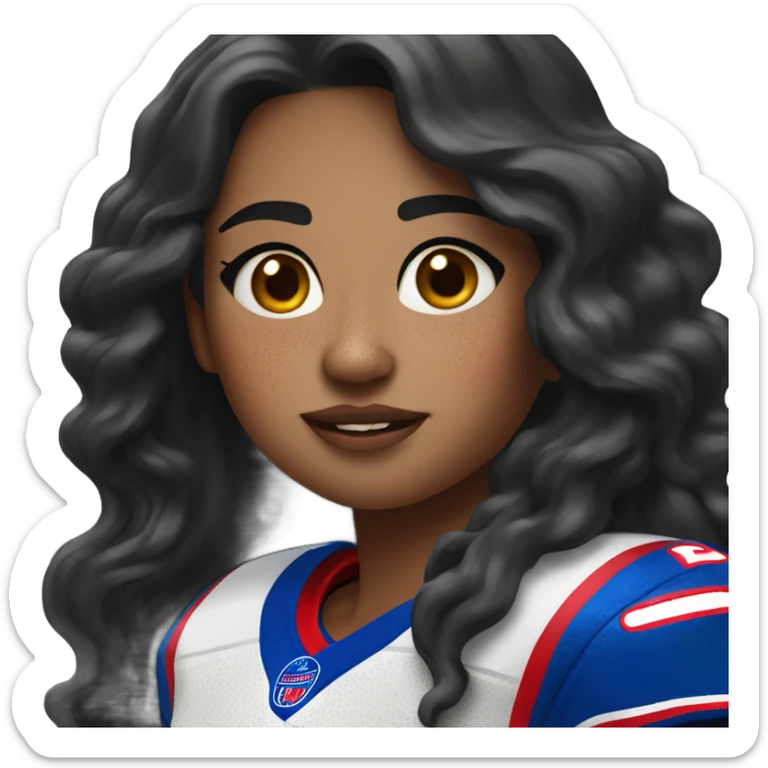 Girl with long black hair and freckles wearing buffalo bills jersey sticker