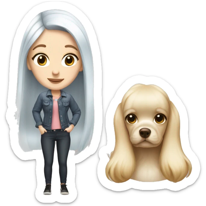 white blonde girl with long hair standing with frenchie with big ears sticker