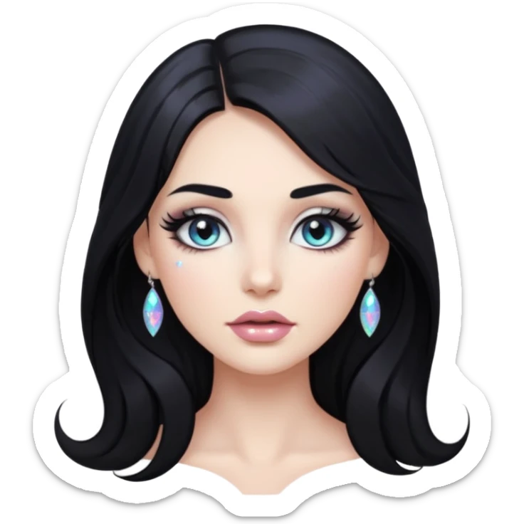 douyin long black hair silver grey eyes glossy lips glittery iridescent white eyeshadow girl sticker