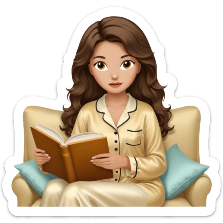 Woman with brunette hair light tanned skin reading on sofa. Long wavy hair. Beige ivory colours. Silk pyjamas. Realistic. Foxeye with lashes. Glamorous makeup sticker