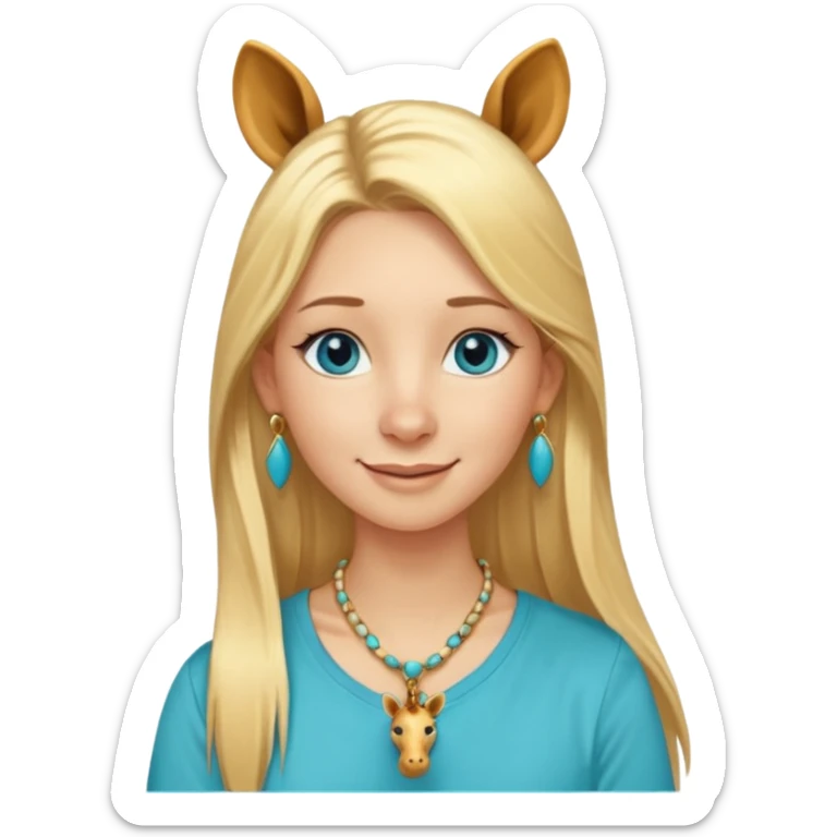 Swedish girl blonde long straigt hair blue eyes turqoise shirt gold earings, girrafe necklace gold small, long lashes smiling closed mouth sticker
