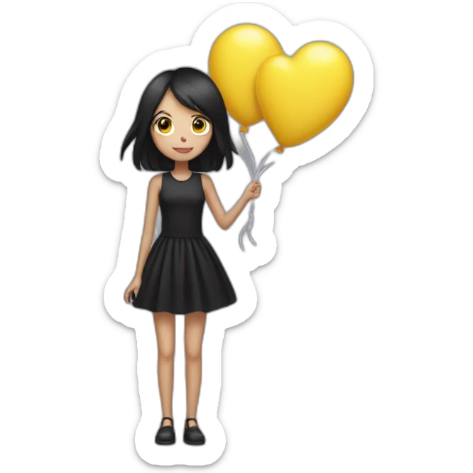 a thin girl with black straight hair, black dressed in a short dress, holds in her hands balloons in the shape of black and yellow hearts sticker