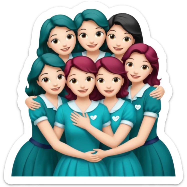 Teal group hug of 8 women with Belles wording sticker