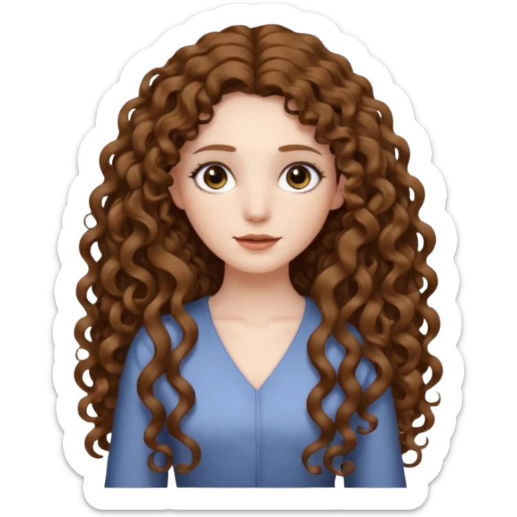 pale woman with brown curly very long hair, middle part. the hair is very very very very very very long, waist length, but you can't see her waist sticker