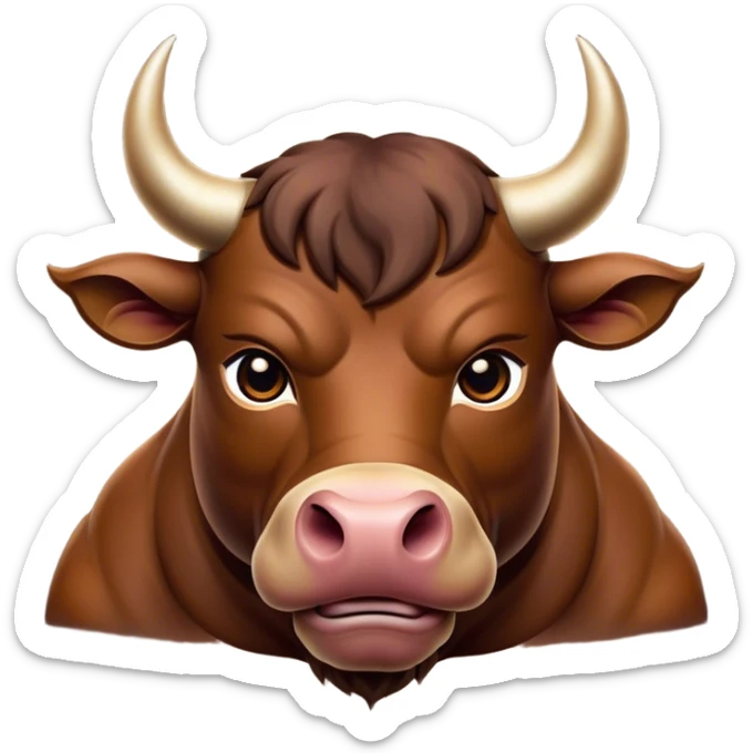 Cinematic Noble Brown Bull Portrait Emoji, Poised and regal, with a massive, muscular build and a sleek, well-groomed rich brown hide, deep-set soulful dark eyes, Simplified yet sharp and sophisticated features, highly detailed, glowing with a soft, dignified glow, high shine, intelligent and formidable, stylized with an air of strength, focused and attentive, soft glowing outline, capturing the essence of a watchful and confident guardian, so majestic it feels as though it could charge out of the screen with effortless authority! sticker