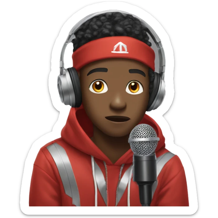 Young Black Rapper With silver headphones and a red hoodie, he grips the microphone, leaning in with intent. His gaze is focused, capturing a mix of confidence and passion as he prepares to sing. sticker