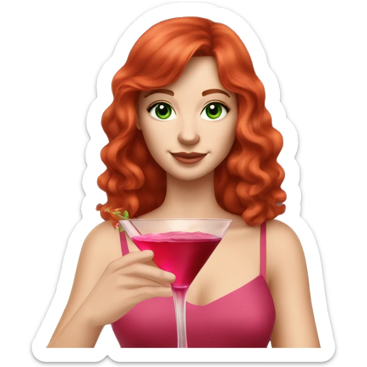 White caucasian woman in her 20s with red layered hair and bangs green eyes freckles wearing a red dress and holding a pink martini glass sticker