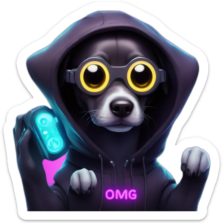 funny dog wearing a black hoodie with "OMG" letters on it and VR headset in a cyberpunk VR environment with violet neon lighting. sticker