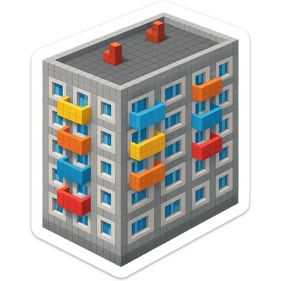 voxel style Russian panel apartment building, typical Soviet architecture, gray concrete, isometric view sticker