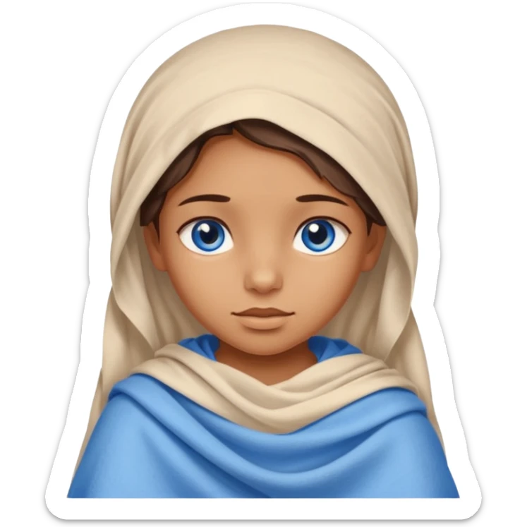 blue eyed desert child girl cowered with creme cloth sticker