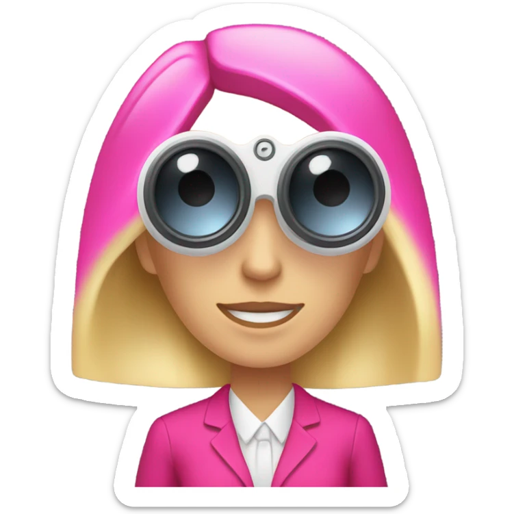 white female employee with loose blonde hair wearing intensive color pink suit looking in binoculars sticker