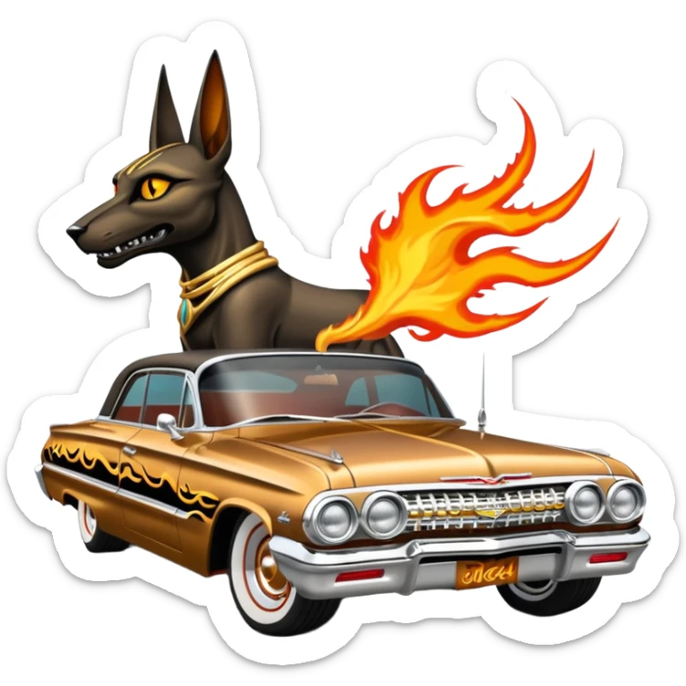 Satans Hot rod custom 1964 impala low rider four door Anubis themed painted hood flaming side-mounted chrome exhaust pipes driving straight to hell  sticker
