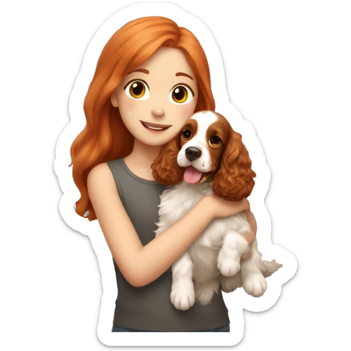 A very cute girl with red hair cuddling a happy light brown happy English Cocker Spaniel. sticker