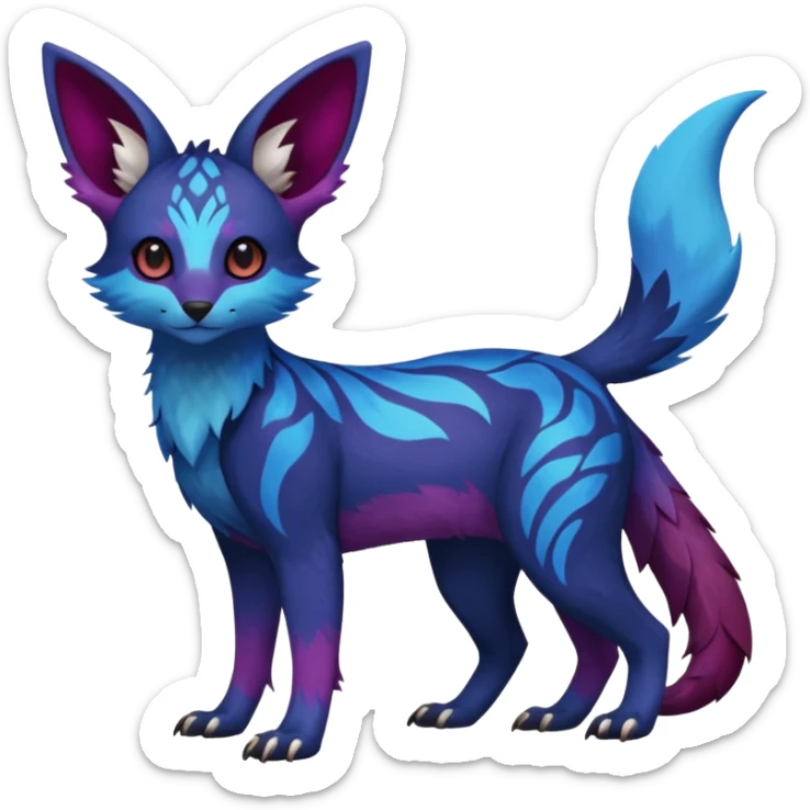Feral Rare realistic edgy black-blue-burgundy-violet-gradients pretty beautiful handsome gorgeous aesthetic colorful vibrant Vernid-Trico-species-Fakemon-creature by LiLaiRa, random markings, tufted ears, full body sticker