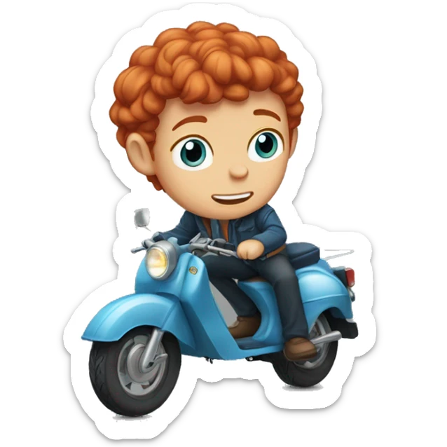 I need a sticker of a red-haired boy on a moped with blue eyes and freckles sticker