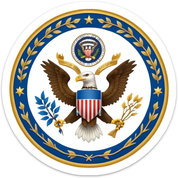 Seal of the office of the President of the United States with eagle in the center holding vines and arrows the seal is blue with gold outline sticker