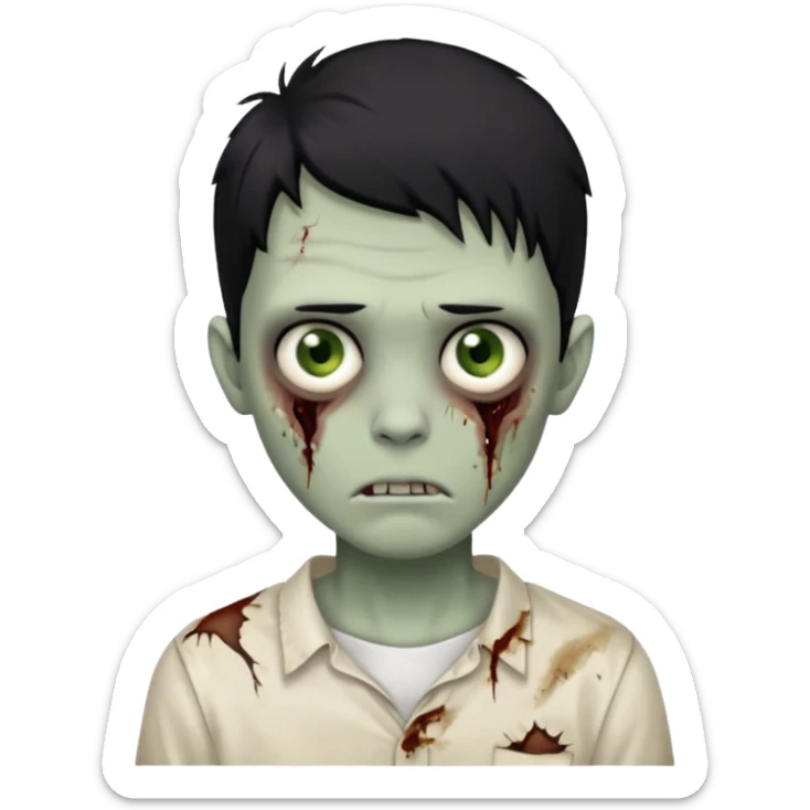 um garoto zombie de cabelo preto, com olhos castanhos esverdeados de camisa branca. sticker
