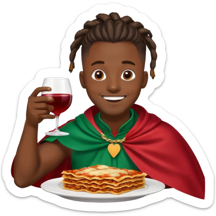  High fade ponytail dreadlock male black hair dark skin smiling and nigerian cape eating lasagna and wine  sticker