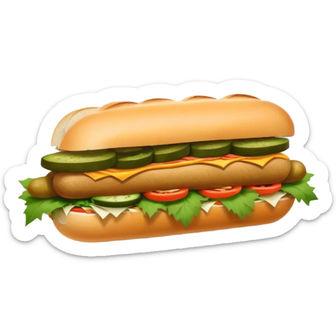 Cinematic Realistic B√°nh m√¨ Sandwich Dish Emoji, showcasing a crusty baguette filled with savory meats, pickles, and fresh herbs rendered with dynamic detail and appetizing lighting. sticker