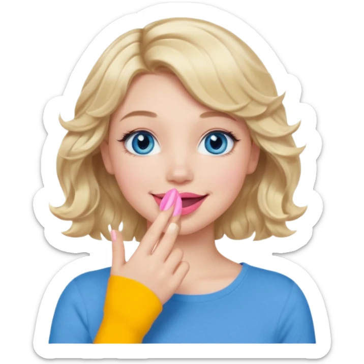 Girl Blonde short wavy hair,  blue eyes, cute blue top, long lashes, pink lips, smiling, hand covering the mouth sticker