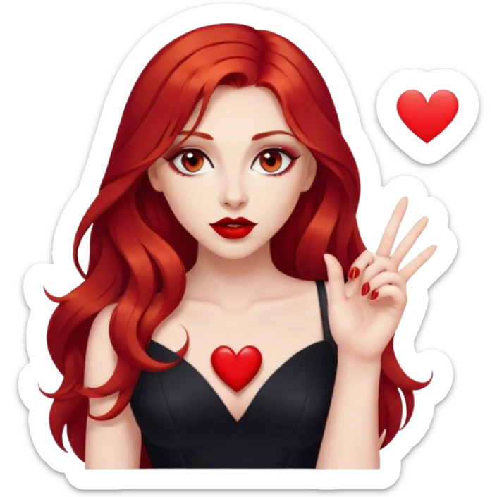 a pretty woman with long red hair and red eyes. The woman wear a black little cutted dress. She have red lipstick and she have a seductive look. She do a heart shape with her fingers sticker