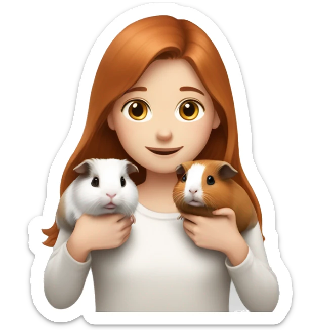 a girl with auburn hair hugs two guinea pigs, one white and light brown in color and the other black and white sticker