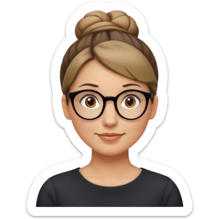 femme de 38 ans avec des cheveux blond foncé, un chignon haut, yeux bruns, lunettes rondes sticker