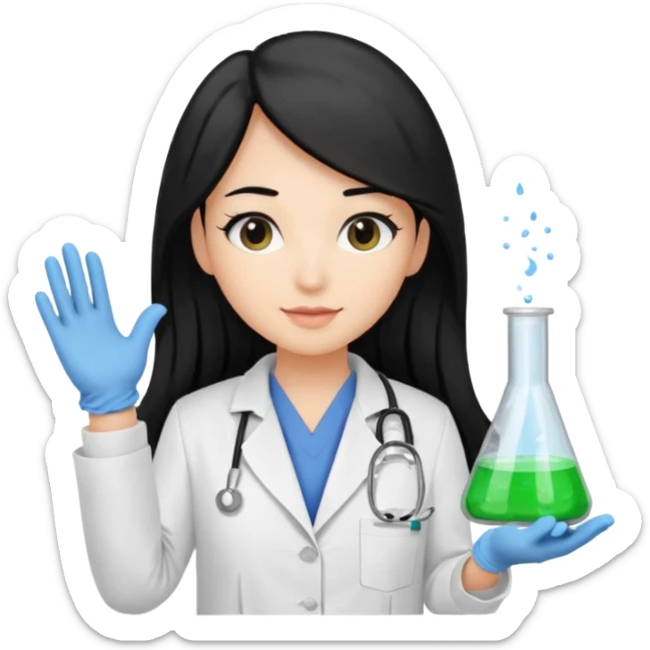 medica con guantes  y mascallilas e insumos lavoratorio pelo negro largo triguella sticker