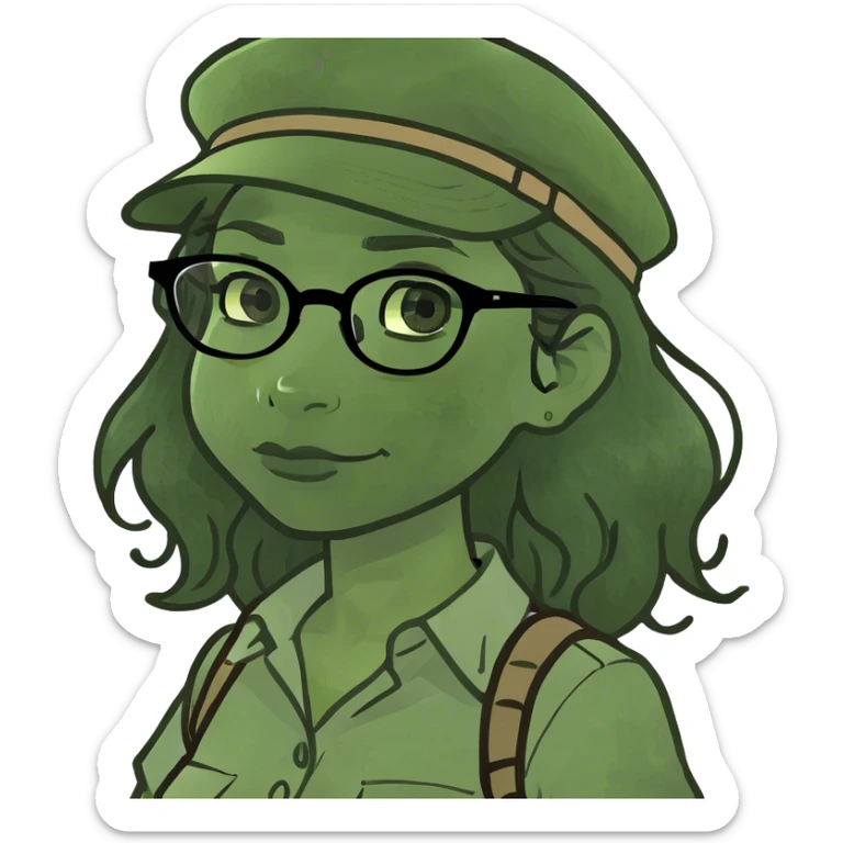Girl with black wavy hair with glasses ending in the upper corners on peak dressed in safari sticker