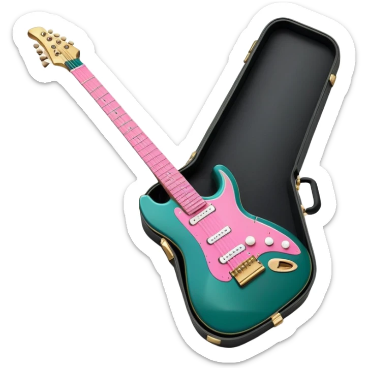 minimalist electric guitar in dark green with pink and blue stripe decal, closed inside a black rectangular hard case with gold latches, flat semi-3D style, soft matte textures, simplified details, stylized decal accent, ready-to-play symbol sticker