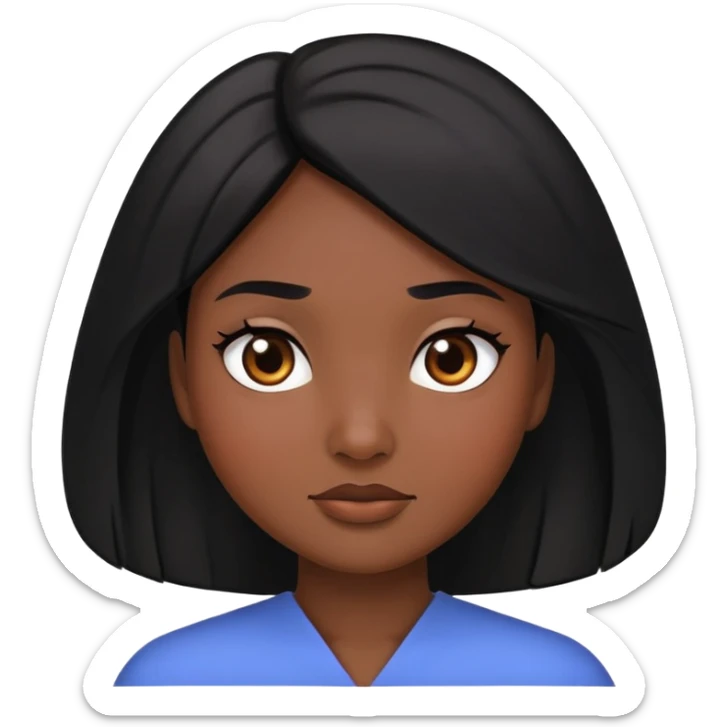 personagem feminina com pele marrom escura, rosto arredondado e cabelo preto, liso, volumoso e cai até os ombros sticker