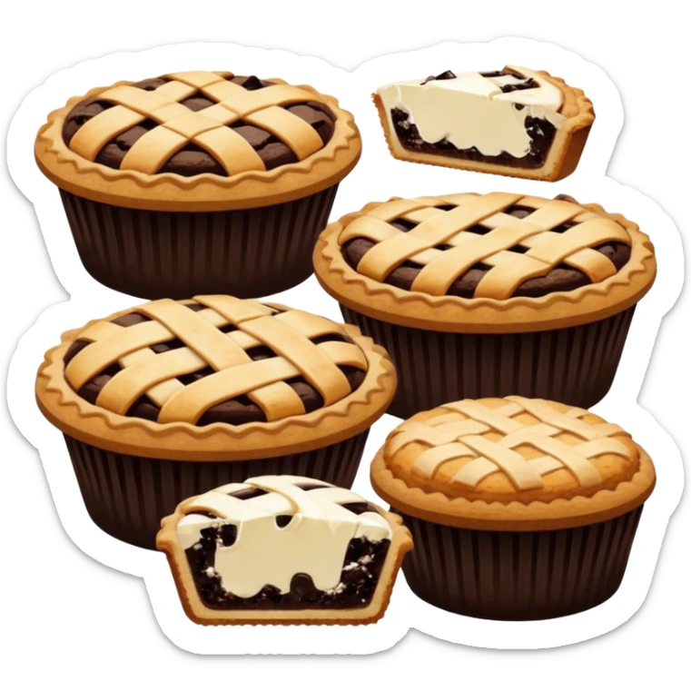 Baking community avatar in clean emoji-style illustration. Pies, cookies, and muffins grouped together, warm golden tones, simple shapes, flat design, high contrast, cozy and friendly. sticker