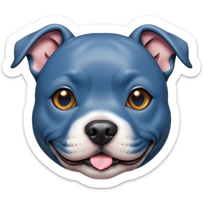 Cinematic Cute Blue Staffordshire Bull Terrier Portrait Emoji, Head tilted playfully and inquisitively, featuring a glossy blue Fur with a healthy sheen, round, sparkling dark eyes filled with curiosity, Simplified yet irresistibly adorable features, highly detailed, glowing with a warm, friendly glow, high shine, affectionate and spirited, stylized with a touch of whimsy, bright and endearing, soft glowing outline, capturing the essence of a mischievous yet loving pup, so playful it feels like it could bound out of the screen and into your arms! sticker