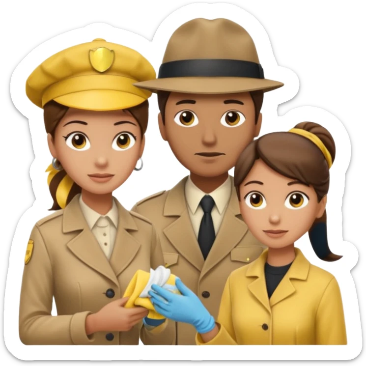 A cleaning Lady with Brown hair, high ponytail and yellow cleaning gloths is Talking to a Detektive (a man) with beige hat, a beige coat and he is interviewing the cleaning Lady sticker