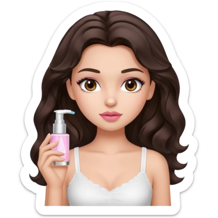 generate a pretty fair bratz girl with dark brown eyes. Dark brown hair wavy hair. light pink lipgloss. white cami top. doing skincare.  sticker