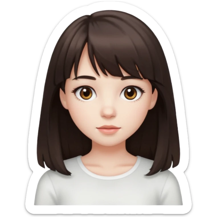 brunette girl with dark brown eyes, pale rosy skin, long hair and wispy bangs and a white top  sticker