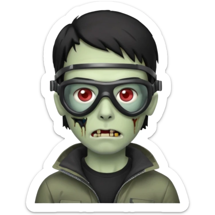Zombie Emoji AppleIOS Style, lowfade Black Hair, Ski Goggles on right slide of The Head, and Black T-shirt sticker