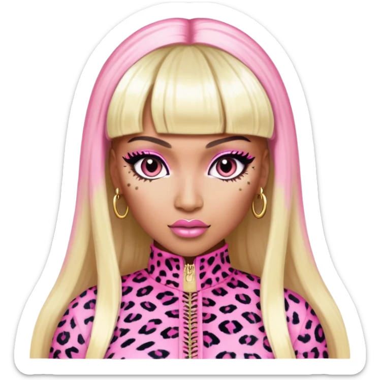 Nicki Minaj in pink and white leopard print outfit from Super Bass music video with bangs and split-dyed hair blonde on left side pink on right side sticker