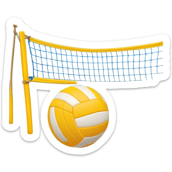 The scene captures the relaxed yet competitive vibe of beach volleyball, with warm sunlight and the natural beauty of the beach. A volleyball resting on the yellow sand on a beach, with the net in the background and a scenic view of the ocean and sky.  sticker