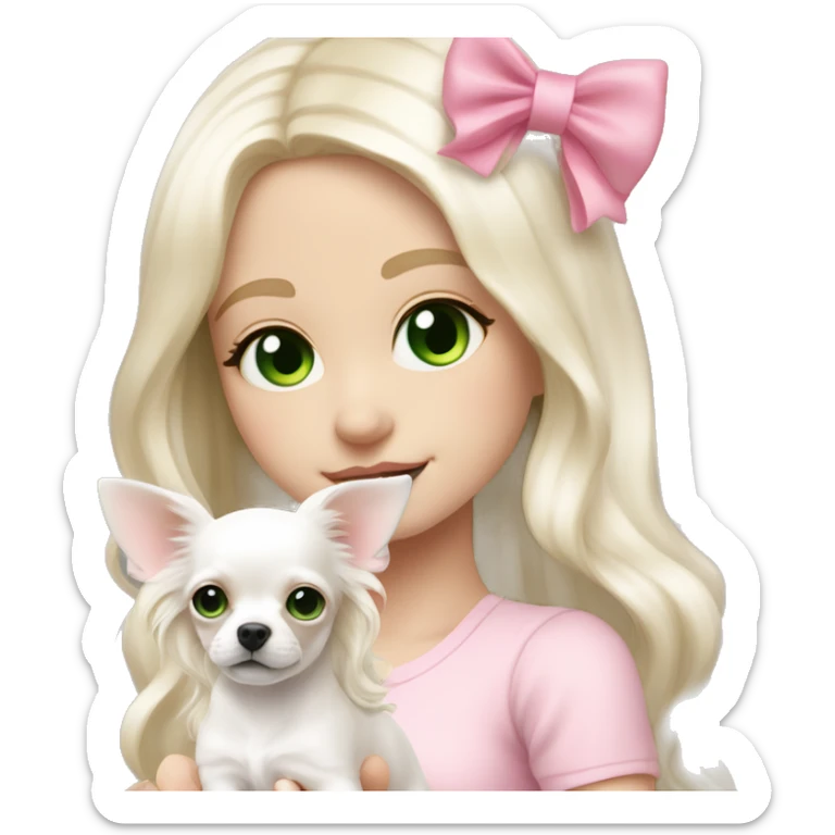 pale blond yt girl with wavy long platinum white hair with bright green eyes holding a white chihuahua puppy that wearing a pink bow sticker