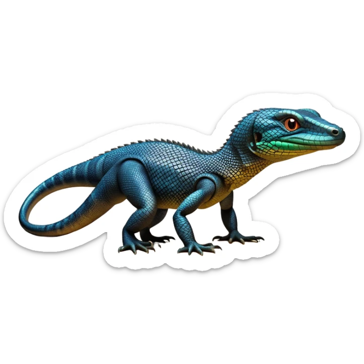 cinematic-monitor-lizard-realistic-full-body-standing on all fours-emoji,-long-powerful-tail-dragging-slightly-behind,-sleek-scaled-body-textured-with-rich-patterns,-head-tilted-dramatically,-dark-intense-eyes-observing-its-surroundings,-simplified-yet-realistic-focused-features,-highly-detailed,-glowing-with-an-almost-sarcastic-glow sticker