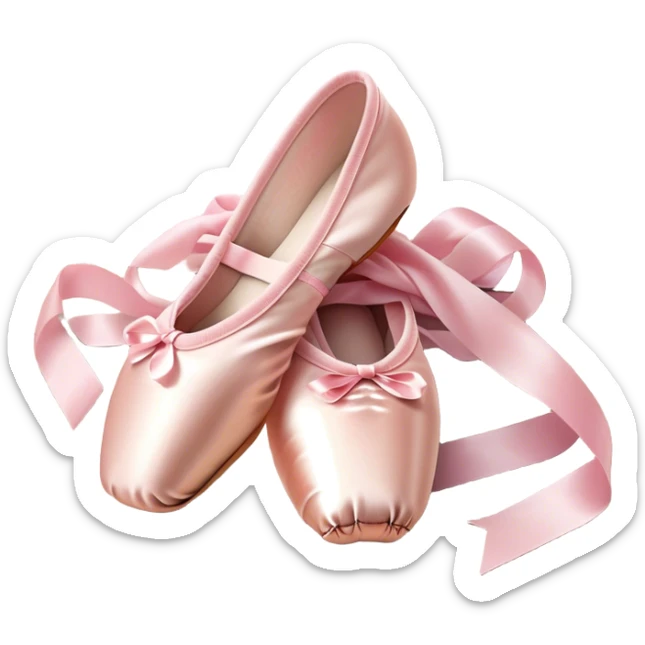 Cinematic Realistic Ballet Shoes, soft satin pink pointe shoes with delicate ribbons, resting gently on a polished wooden floor, subtle creases in the fabric, glowing under the warm golden light of a rehearsal studio, evoking elegance and grace. sticker