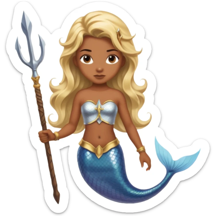 Mermaid with Trident – Warrior brown skin, blonde hair mermaid with weapon sticker