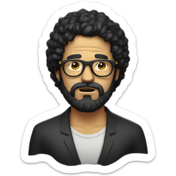 angry men with black curly hair and beard and golden glasses in black sticker