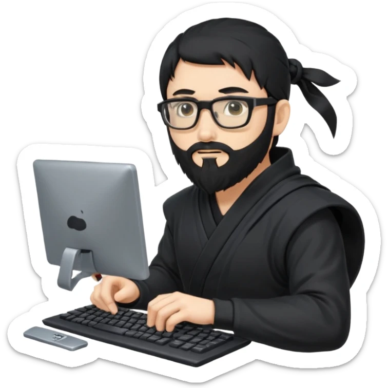 Man with black hair and beard wearing glasses in a ninja costume. Keep the top left version, make the beard longer and replace the sword on his with a computer keyboard  sticker