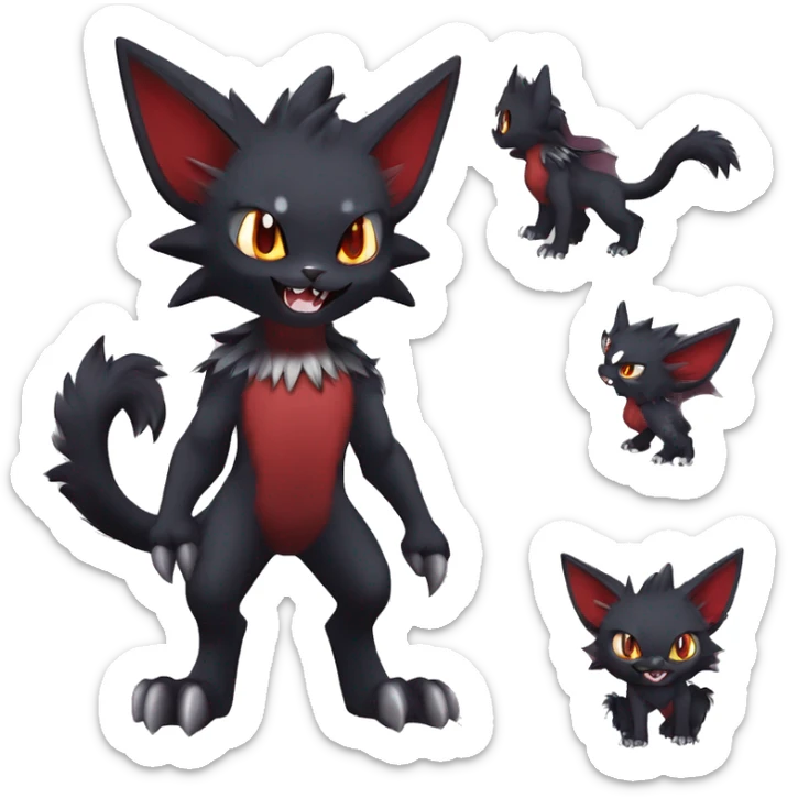   cool cute fantasy anime dark animal vampiric Litten-Zoroark-Nargacuga-cat-hybrid Fakemon with big fangs and bat-ears full body sticker