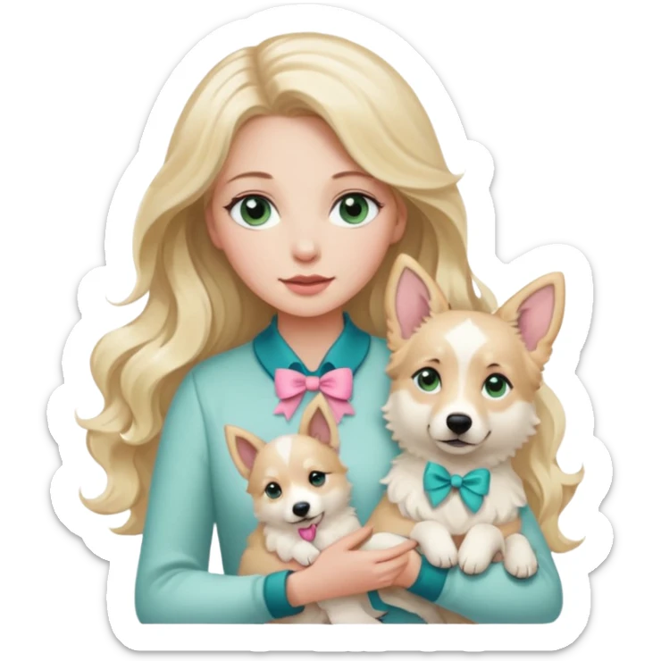 A white Long Wave blonde Hair Woman with blue-green eyes, with a Brown eyed White Shepard  in the arm ,the dog has a little bit beige in then end of the ears and a pink bow in neck . sticker
