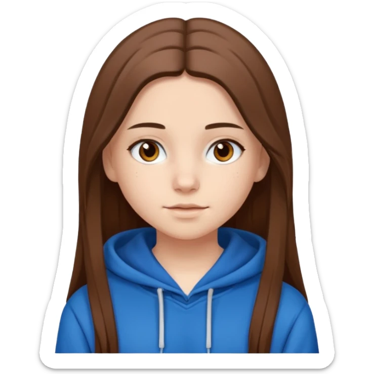 teen girl, white skin, long brown hair middle parted, brown eyes, blue hoodie sticker