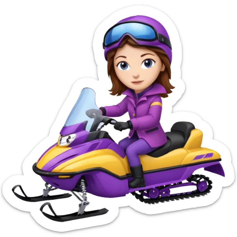 Woman, Brown hair, very blue eyes, wearing a Very red coat  on purple and yellow striped snowmobile sticker